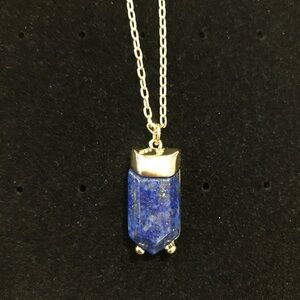 Long Blue Lapis Rectangle Stone Gold tone Necklace